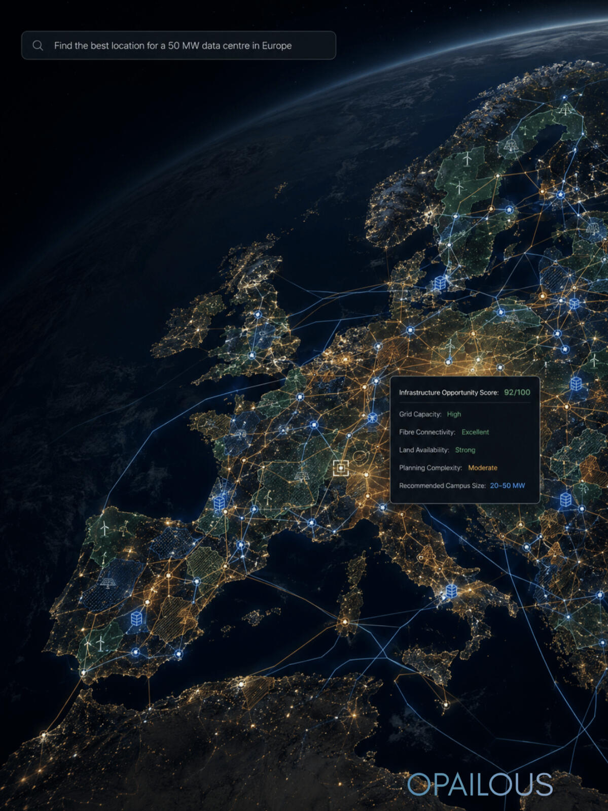 Interactive map of Europe showing AI-powered analysis of electricity networks, fibre connectivity and infrastructure opportunities for future data centre development.