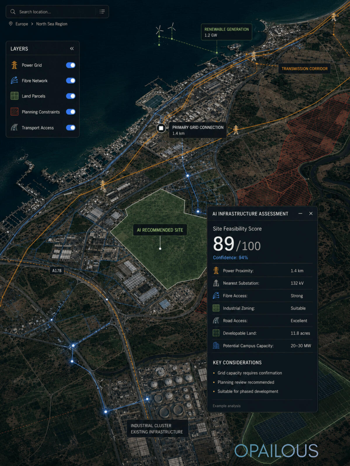 AI-powered infrastructure assessment dashboard analysing a candidate data centre site using power availability, fibre connectivity, land suitability and planning constraints.
